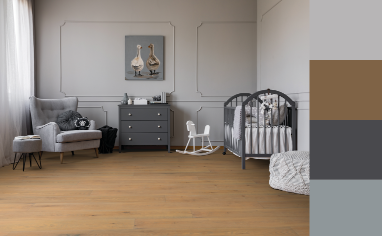 warm toned hardwood flooring in nursery with cohesive colour palette